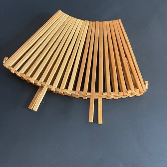 Set of  2 Vintage Mid-Century Bamboo Teak Folding Fruit Bowls w/ Handle, 1950s - Picture 4 of 9